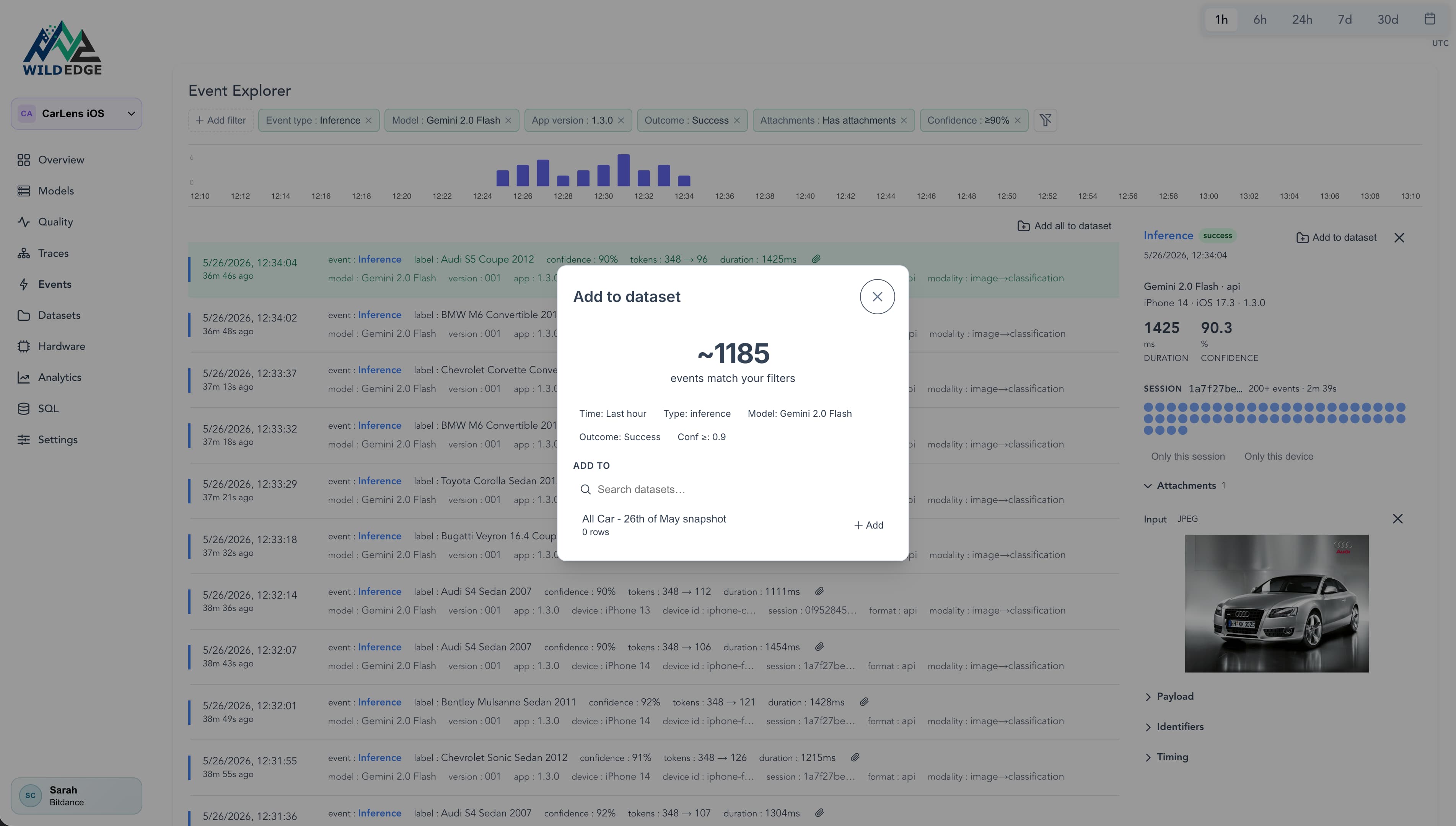 Filtering inference events to build a dataset