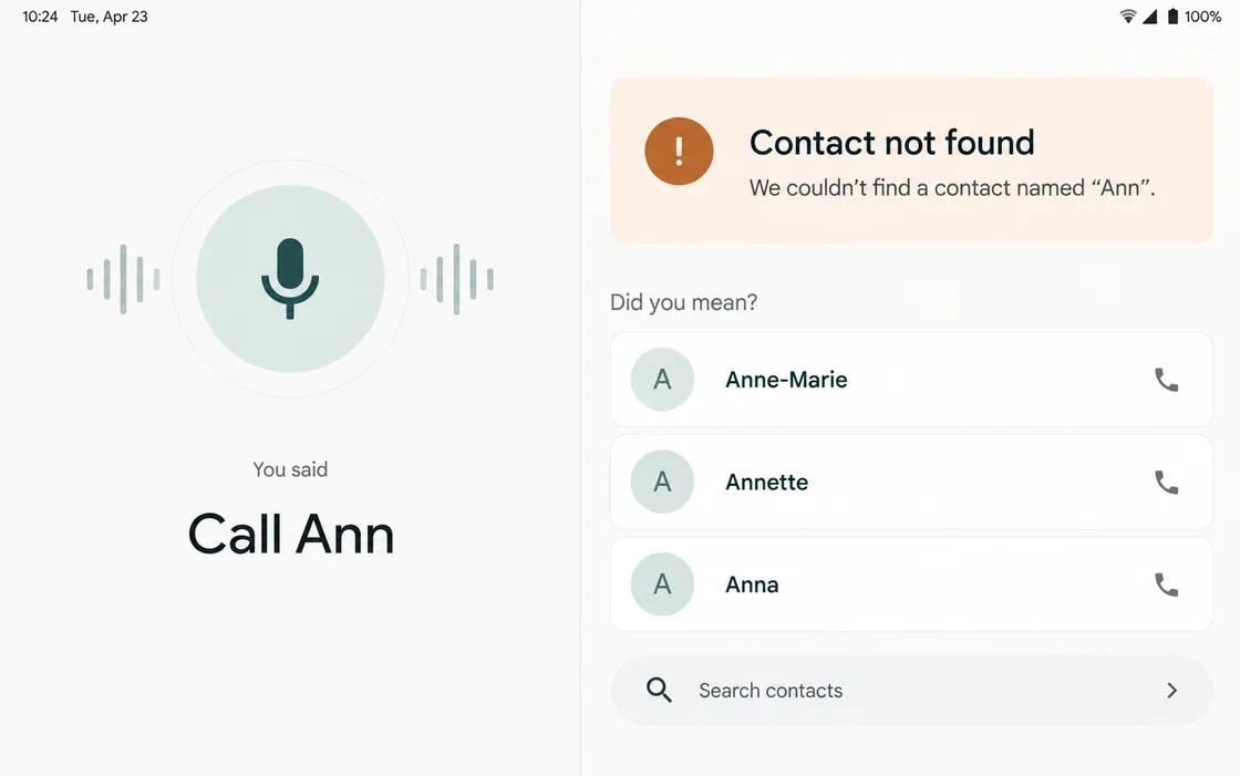 Android tablet voice assistant showing Call Ann, Contact not found, and suggesting Anne-Marie