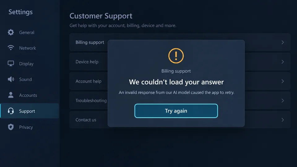 Smart TV support app showing that it could not load the answer and offering a Try again button